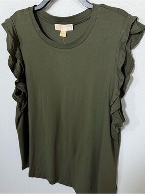 MICHAEL Michael Kors Dark Green Ruffle Cap Sleeve Tee